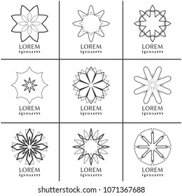 Vector design elements set, round line patterns, logo templates. Monochrome geometric mandala ornaments in trendy linear style for luxury products, organic cosmetics packaging, business cards