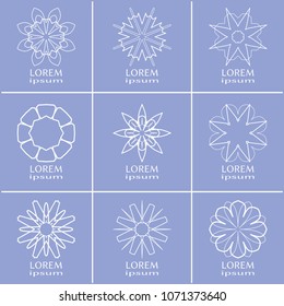 Vector design elements set, round line patterns, logo templates. Monochrome geometric mandala ornaments in trendy linear style for luxury products, organic cosmetics packaging, business cards