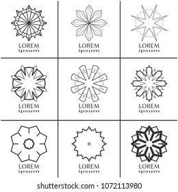 Vector design elements set, round line patterns, logo templates. Monochrome geometric mandala ornaments in trendy linear style for luxury products, organic cosmetics packaging, business cards