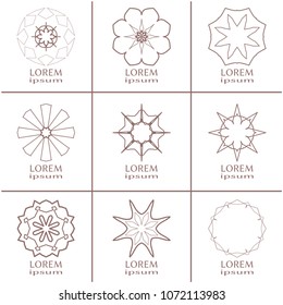 Vector design elements set, round line patterns, logo templates. Monochrome geometric mandala ornaments in trendy linear style for luxury products, organic cosmetics packaging, business cards