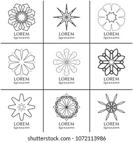 Vector design elements set, round line patterns, logo templates. Monochrome geometric mandala ornaments in trendy linear style for luxury products, organic cosmetics packaging, business cards