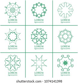 Vector design elements set, round line patterns, logo templates. Monochrome geometric mandala ornaments in trendy linear style for luxury products, organic cosmetics packaging, business cards