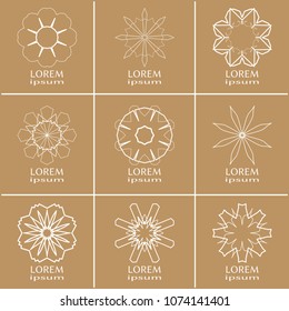 Vector design elements set, round line patterns, logo templates. Monochrome geometric mandala ornaments in trendy linear style for luxury products, organic cosmetics packaging, business cards