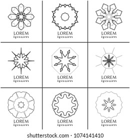 Vector design elements set, round line patterns, logo templates. Monochrome geometric mandala ornaments in trendy linear style for luxury products, organic cosmetics packaging, business cards