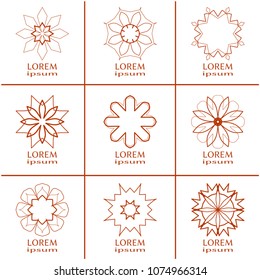 Vector design elements set, round line patterns, logo templates. Monochrome geometric mandala ornaments in trendy linear style for luxury products, organic cosmetics packaging, business cards