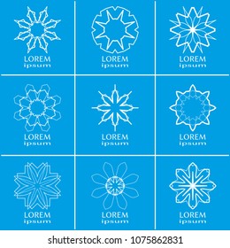 Vector design elements set, round line patterns, logo templates. Monochrome geometric mandala ornaments in trendy linear style for luxury products, organic cosmetics packaging, business cards