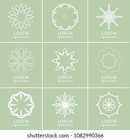 Vector design elements set, round line patterns, logo templates. Monochrome geometric mandala ornaments in trendy linear style for luxury products, organic cosmetics packaging, business cards