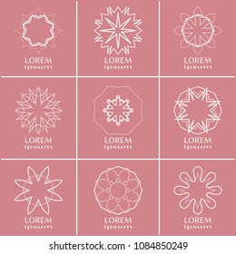 Vector design elements set, round line patterns, logo templates. Monochrome geometric mandala ornaments in trendy linear style for luxury products, organic cosmetics packaging, business cards