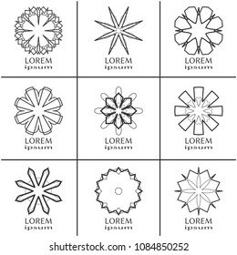 Vector design elements set, round line patterns, logo templates. Monochrome geometric mandala ornaments in trendy linear style for luxury products, organic cosmetics packaging, business cards