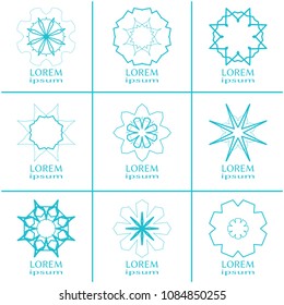 Vector design elements set, round line patterns, logo templates. Monochrome geometric mandala ornaments in trendy linear style for luxury products, organic cosmetics packaging, business cards