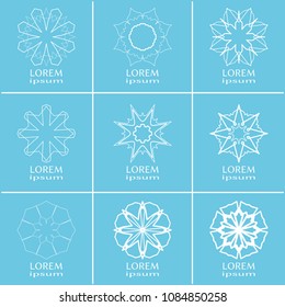 Vector design elements set, round line patterns, logo templates. Monochrome geometric mandala ornaments in trendy linear style for luxury products, organic cosmetics packaging, business cards