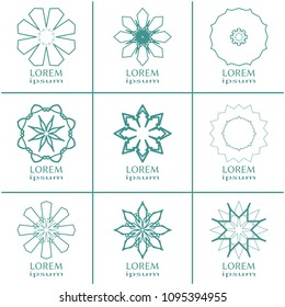 Vector design elements set, round line patterns, logo templates. Monochrome geometric mandala ornaments in trendy linear style for luxury products, organic cosmetics packaging, business cards