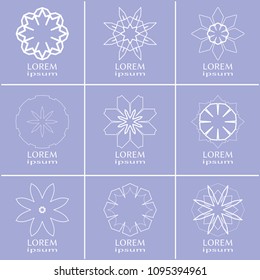 Vector design elements set, round line patterns, logo templates. Monochrome geometric mandala ornaments in trendy linear style for luxury products, organic cosmetics packaging, business cards
