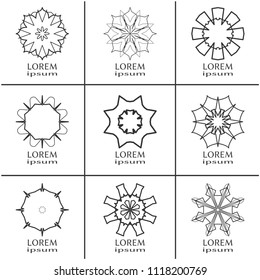 Vector design elements set, round line patterns, logo templates. Monochrome geometric mandala ornaments in trendy linear style for luxury products, organic cosmetics packaging, business cards