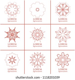 Vector design elements set, round line patterns, logo templates. Monochrome geometric mandala ornaments in trendy linear style for luxury products, organic cosmetics packaging, business cards
