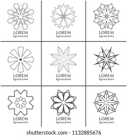 Vector design elements set, round line patterns, logo templates. Monochrome geometric mandala ornaments in trendy linear style for luxury products, organic cosmetics packaging, business cards