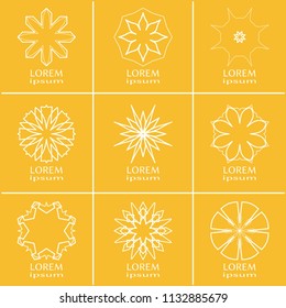Vector design elements set, round line patterns, logo templates. Monochrome geometric mandala ornaments in trendy linear style for luxury products, organic cosmetics packaging, business cards
