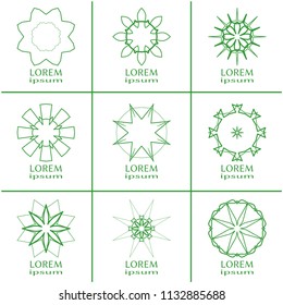 Vector design elements set, round line patterns, logo templates. Monochrome geometric mandala ornaments in trendy linear style for luxury products, organic cosmetics packaging, business cards