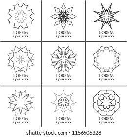 Vector design elements set, round line patterns, logo templates. Monochrome geometric mandala ornaments in trendy linear style for luxury products, organic cosmetics packaging, business cards