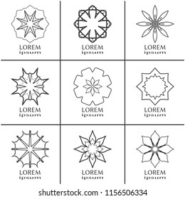 Vector design elements set, round line patterns, logo templates. Monochrome geometric mandala ornaments in trendy linear style for luxury products, organic cosmetics packaging, business cards