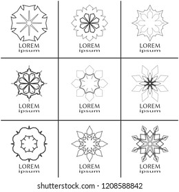 Vector design elements set, round line patterns, logo templates. Monochrome geometric mandala ornaments in trendy linear style for luxury products, organic cosmetics packaging, business cards