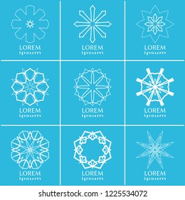 Vector design elements set, round line patterns, logo templates. Monochrome geometric mandala ornaments in trendy linear style for luxury products, organic cosmetics packaging, business cards