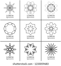 Vector design elements set, round line patterns, logo templates. Monochrome geometric mandala ornaments in trendy linear style for luxury products, organic cosmetics packaging, business cards