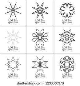 Vector design elements set, round line patterns, logo templates. Monochrome geometric mandala ornaments in trendy linear style for luxury products, organic cosmetics packaging, business cards