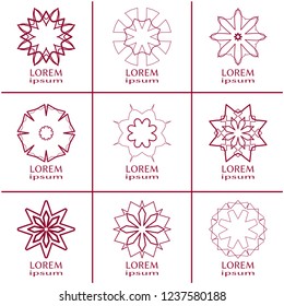 Vector design elements set, round line patterns, logo templates. Monochrome geometric mandala ornaments in trendy linear style for luxury products, organic cosmetics packaging, business cards