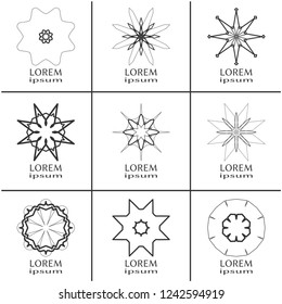 Vector design elements set, round line patterns, logo templates. Monochrome geometric mandala ornaments in trendy linear style for luxury products, organic cosmetics packaging, business cards