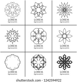 Vector design elements set, round line patterns, logo templates. Monochrome geometric mandala ornaments in trendy linear style for luxury products, organic cosmetics packaging, business cards