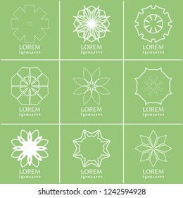 Vector design elements set, round line patterns, logo templates. Monochrome geometric mandala ornaments in trendy linear style for luxury products, organic cosmetics packaging, business cards