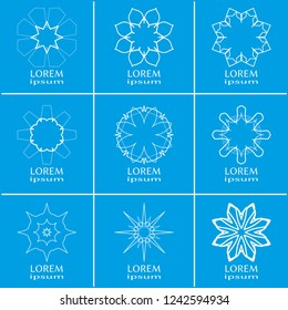 Vector design elements set, round line patterns, logo templates. Monochrome geometric mandala ornaments in trendy linear style for luxury products, organic cosmetics packaging, business cards