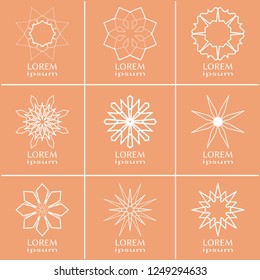 Vector design elements set, round line patterns, logo templates. Monochrome geometric mandala ornaments in trendy linear style for luxury products, organic cosmetics packaging, business cards