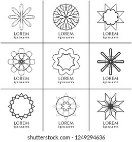 Vector design elements set, round line patterns, logo templates. Monochrome geometric mandala ornaments in trendy linear style for luxury products, organic cosmetics packaging, business cards