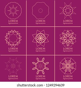 Vector design elements set, round line patterns, logo templates. Monochrome geometric mandala ornaments in trendy linear style for luxury products, organic cosmetics packaging, business cards