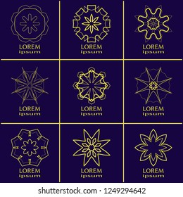 Vector design elements set, round line patterns, logo templates. Monochrome geometric mandala ornaments in trendy linear style for luxury products, organic cosmetics packaging, business cards