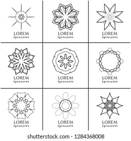 Vector design elements set, round line patterns, logo templates. Monochrome geometric mandala ornaments in trendy linear style for luxury products, organic cosmetics packaging, business cards