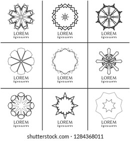 Vector design elements set, round line patterns, logo templates. Monochrome geometric mandala ornaments in trendy linear style for luxury products, organic cosmetics packaging, business cards