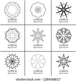 Vector design elements set, round line patterns, logo templates. Monochrome geometric mandala ornaments in trendy linear style for luxury products, organic cosmetics packaging, business cards