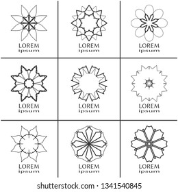 Vector design elements set, round line patterns, logo templates. Monochrome geometric mandala ornaments in trendy linear style for luxury products, organic cosmetics packaging, business cards