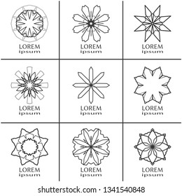 Vector design elements set, round line patterns, logo templates. Monochrome geometric mandala ornaments in trendy linear style for luxury products, organic cosmetics packaging, business cards