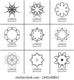 Vector design elements set, round line patterns, logo templates. Monochrome geometric mandala ornaments in trendy linear style for luxury products, organic cosmetics packaging, business cards