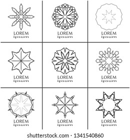 Vector design elements set, round line patterns, logo templates. Monochrome geometric mandala ornaments in trendy linear style for luxury products, organic cosmetics packaging, business cards
