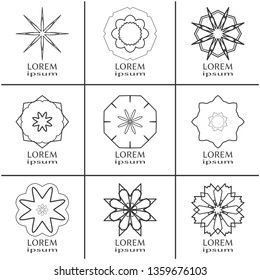 Vector design elements set, round line patterns, logo templates. Monochrome geometric mandala ornaments in trendy linear style for luxury products, organic cosmetics packaging, business cards