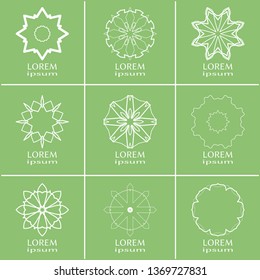 Vector design elements set, round line patterns, logo templates. Monochrome geometric mandala ornaments in trendy linear style for luxury products, organic cosmetics packaging, business cards