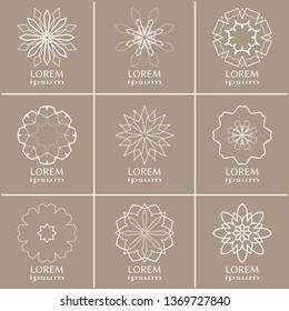 Vector design elements set, round line patterns, logo templates. Monochrome geometric mandala ornaments in trendy linear style for luxury products, organic cosmetics packaging, business cards
