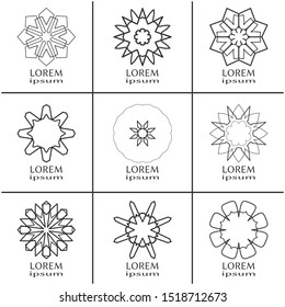 Vector design elements set, round line patterns, logo templates. Monochrome geometric mandala ornaments in trendy linear style for luxury products, organic cosmetics packaging, business cards