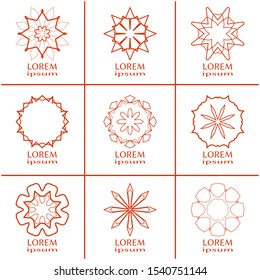 Vector design elements set, round line patterns, logo templates. Monochrome geometric mandala ornaments in trendy linear style for luxury products, organic cosmetics packaging, business cards