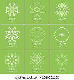 Vector design elements set, round line patterns, logo templates. Monochrome geometric mandala ornaments in trendy linear style for luxury products, organic cosmetics packaging, business cards